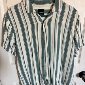 RSQ Men's Casual Green and White Striped Shirt